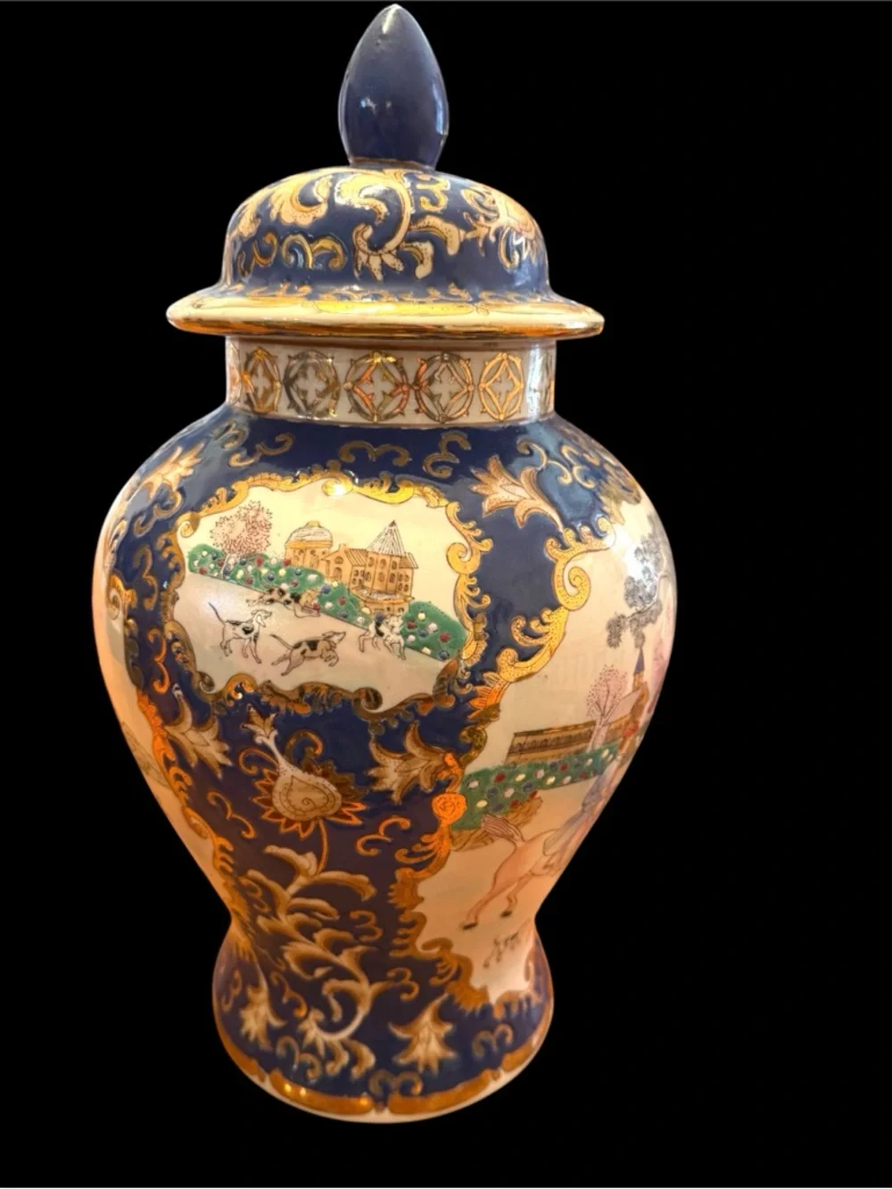 1940’s Blue, Gold & White Porcelain, Vintage WBI Jar with Hand-Painted Scene